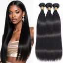 28 30 32 Inch Freiuoke Straight Human Hair Bundles Natural Black Color Peruvian Virgin Remy Hair 3 Bundles/150g Straight Bundles Extensions