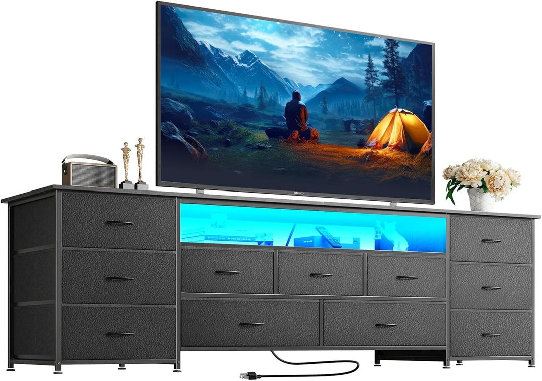 Huuger 70 Inch TV Stand for 75, 80 Inch TV, 11 Drawer Long Dresser with Power Outlets and LED Lights, Entertainment Center with Storage, Black Dresser with PU Leather Surface, 13"D x 70.9"W x 26.8"H