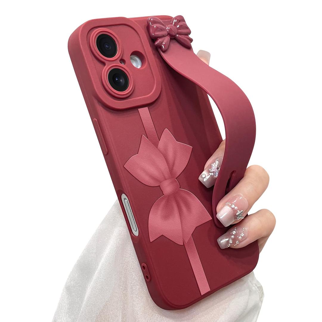 jueaes Cute Bow Case for iPhone 16 with Finger Hand Wrist Strap