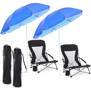 Huwena 2 Pack Beach Chairs with Umbrella for Adults, Low Folding Chair Set, Adjustable Detachable Umbrella, Lightweight Portable with Cup Holder & Carry Bag, for Beach Camping Travel(Black)