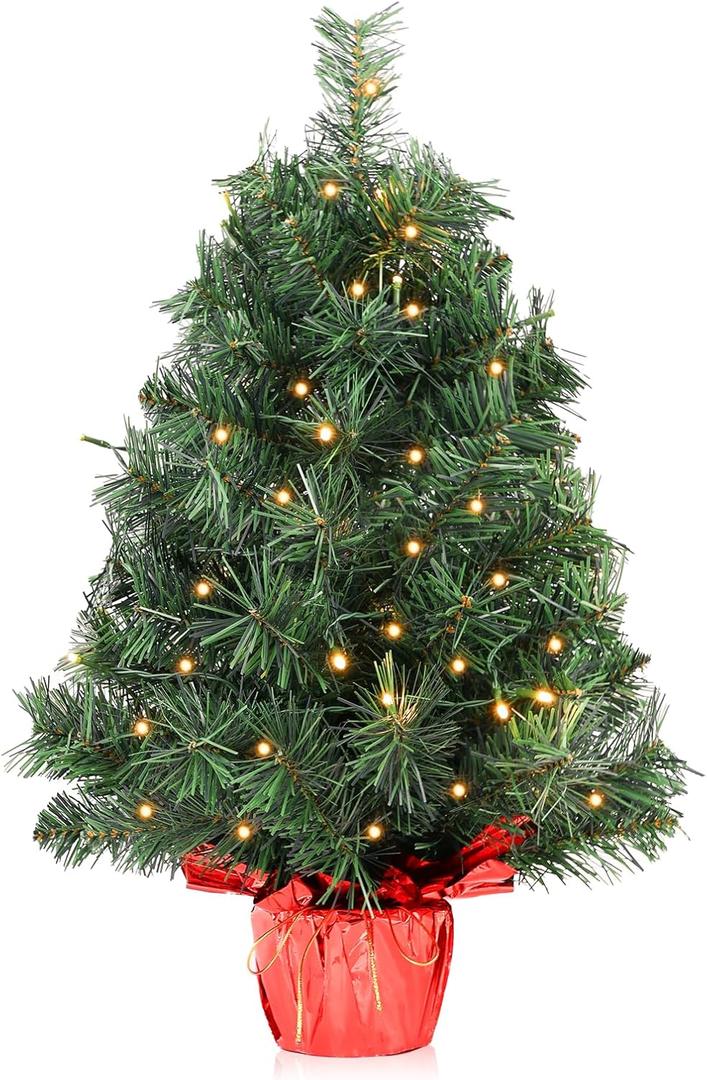 2ft Pre-lit Artificial Mini Christmas Tree,Small Xmas Pine Tree with 50 Lights, Tabletop Christmas Tree Battery Operated Green Xmas Tree for Tabletop