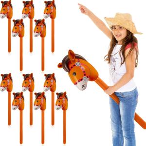 Chivao 12 Pieces Inflatable Stick Horse Cute Horse Head Stick Blow up Balloon Colorful Cowboy Cowgirl Party Decorations for Themed Birthday Party(Coffee Color) (Brown)