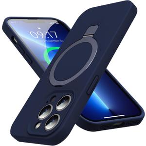 MagRing Designed for iPhone 13 Pro Max Case, Liquid Silicone [Moisturizing Factor] Extreme Soft Slim Phone Case with Stand [Compatible with MagSafe] for 13 Promax 6.7 inch Men Women, Midnight Blue