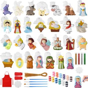 TecUnite 28 Pcs Ceramic to Paint Christmas Ornament Crafts Adults Unpainted DIY Ceramic Figurines Decorate and Paint Your Own Ornaments Kits DIY Craft Xmas Holiday Activities(Religious)
