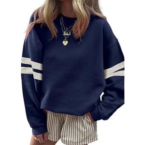 EARKOHA Women Oversized Sweatshirt Crewneck Striped Drop Shoulder Long Sleeve Color Block Pullover Tops (Medium, Blue)