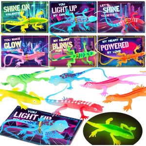 24 Pack Valentines Day Gifts for Kids, Valentines Cards for Kids Classroom with Glow in The Dark Lizards, Valentines Day Cards Exchange For Kid School Class, Valentine Party Favors for Boys Girls