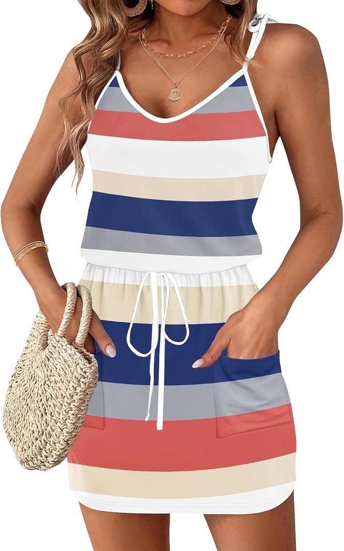 AUSELILY Womens Summer Dresses Sleeveless Spaghetti Strap Beach Cover up Drawstring Waist Mini Short Dress with Pockets (XXL)