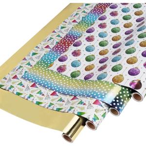 LaRibbons Christmas Wrapping Paper Set, Neon Ball/Colorful Dots/Colorful Trees Gift Wrap for Holiday, Xmas, Season Party, with 2 Trimming & 3 Gift Tags, 30 Inch X 10 Feet (4Rolls, 100 sq.ft.ttl.)