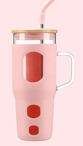 32 oz Glass Tumbler with Lid and Straw,Glass Water Bottles with Handle,Glass Cup with Time Marker and Silicone Sleeve, Fits in Cup Holder BPA Free-Pink
