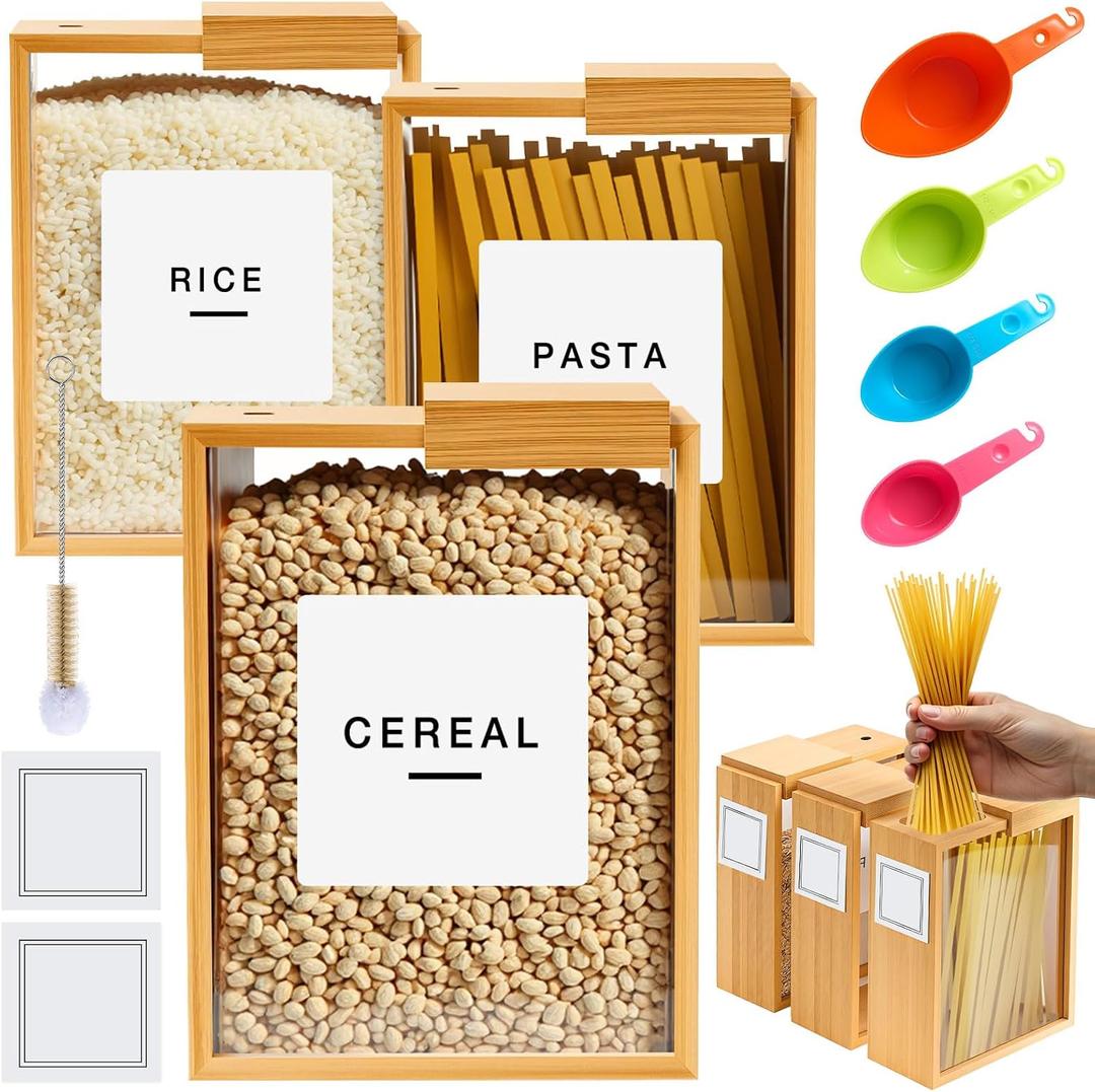 Threehoney 3 Bamboo Cereal Dispenser 75 Oz/ 2.2 l Kitchen Food Storage Containers with Measuring Cups for Airtight Pantry Organization and Storage Container Cereal Rice Flour Snack Nuts Grains