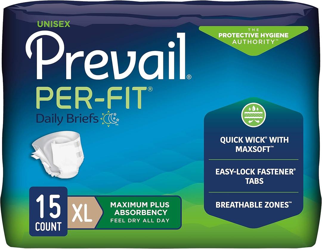 Prevail Per-Fit Incontinence Unisex Briefs with Tabs, Disposable Adult Diaper, Maximum Plus Absorbency, X-Large, 15 Count Bag