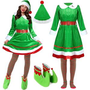 Jinei 6 Pcs Adult Elf Costume for Women Velvet Christmas Elf Cosplay Dress Outfit Santa Helper Elf Shoes Xmas Hat Stockings (One Size, Classic)