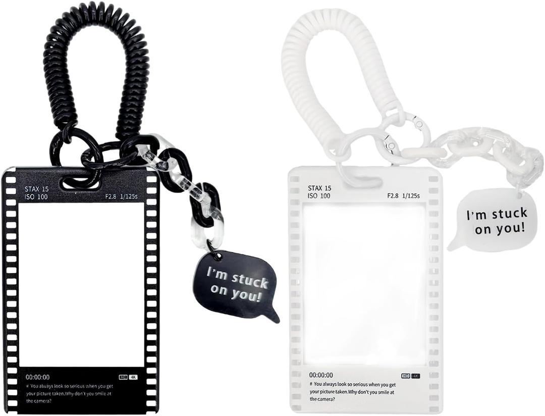 White Black Photocard Holder Keychain ID Badge Holder Slide Cover Photo Card Holder ID Holder Film Photocard Keychain ID Card Holder Retro Photo Card Holder Keychains Badge Holders Office Supplies