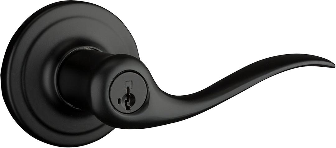 Kwikset Tustin Entry Door Handle with Lock and Key, Secure Keyed Reversible Lever Exterior, For Front Entrance and Bedrooms, Matte Black, Pick Resistant Smartkey Rekey Security and Microban