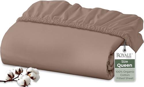 Royale Linens 100% Organic Cotton Fitted Sheet - Percale Weave - Super Soft Deep Pocket Bottom Sheets - Mocha Elastic Sheet Queen Size - Queen Fitted Sheets Only - (60"x80"+15", Mocha)