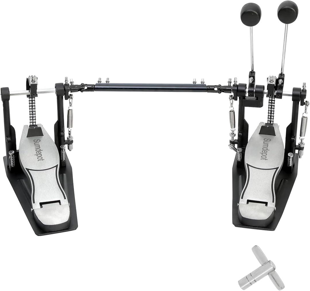 Double Bass drum Pedal,Double Bass Pedal with Adjustable Beater Head,Double Chain Drive Foot Kick Pedal with Drum Key for Drum Set and Electronic Drums (Silver, Double drum pedal)