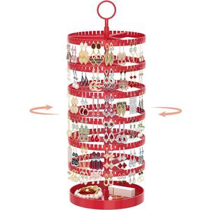 iDavosic.ly 6 Tier Rotating Earring Holder Organizer with Metal Tray, Adjustable Plastic Dangle Display Stands Tree with 342 Grooves, Large Hoop Storage Rack Tower, Red