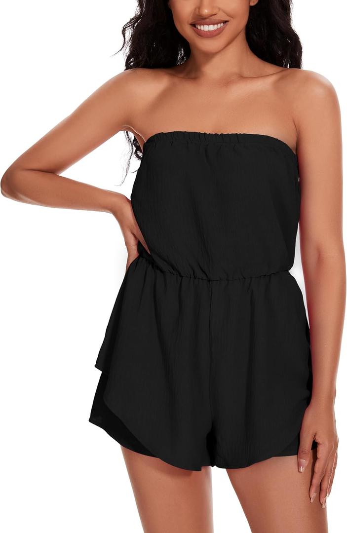 Women Rompers for Summer Dressy Strapless Romper Ruffle Shorts Jumpsuit Trendy Vacation Beach Outfits 2025 (Medium, Black)
