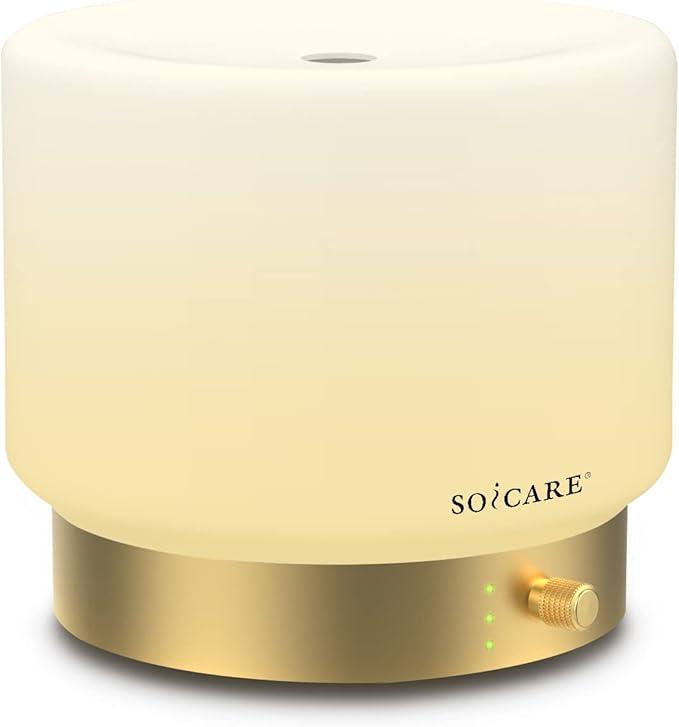 SOICARE Glass Diffuser with Luxury Alloy Base(Gold), All-in-one Room Decor Aromatherapy Oil Diffusers for Essential Oils, Air Scent Essential Oil Diffuser Humidifier,Dimmable Warm Light (280ML)