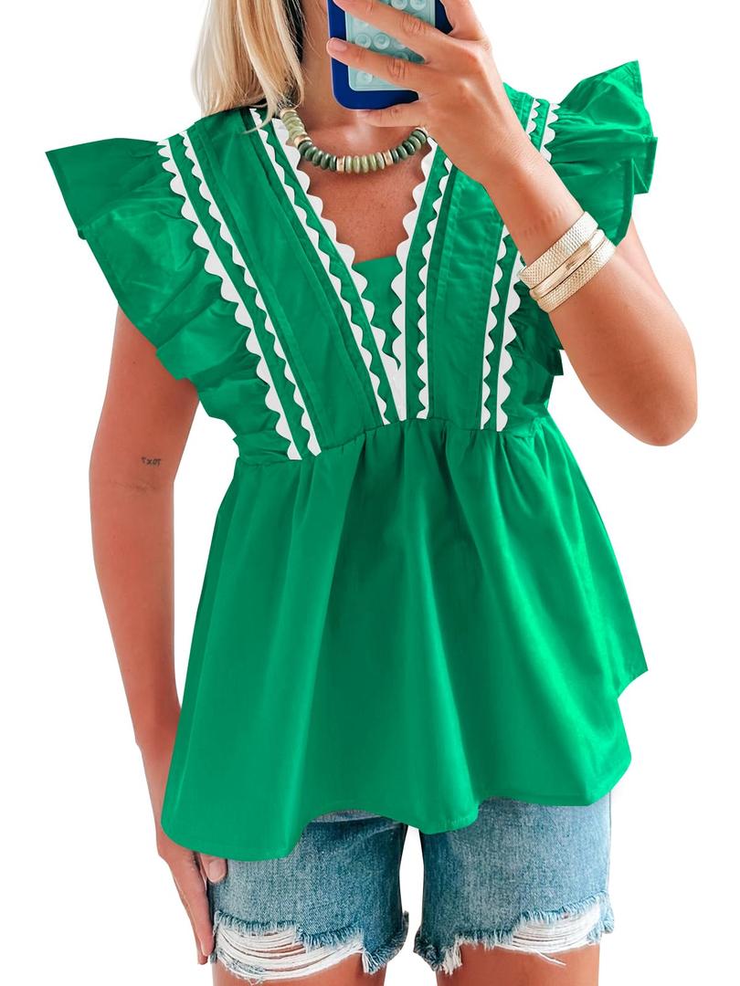 Tankaneo Womens Babydoll Peplum Tops Ruffle Cap Sleeve V Neck Blouse Dressy Cute Summer Pleated Shirts Trendy Green (Green, M)