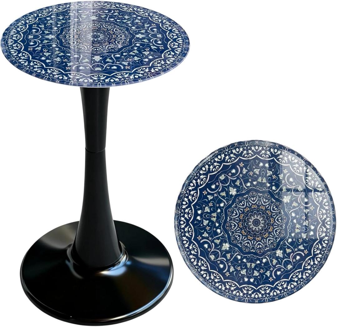 13.4" Outdoor Side Table, Round Patio Bistro Table Printed Tempered Glass Top, Waterproof Rust-Proof Base, Small Plant Stand for Balcony, Garden, Deck, 21.6" H (Blue Maze)