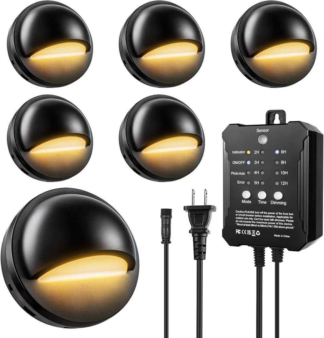Low Voltage LED Deck Lights Kit with Transformer Timer and Photocell Sensor, IP67 Waterproof Low Voltage Landscape Lighting, 12-24V Step Lights for Outdoor Walkway Stair Post Railing (6 Pack) (Warm White-6pcs)