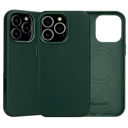 Rumwot Genuine Leather Case for iPhone 16 Pro Green, Slim Fit Magnetic Phone Protective Cover Compatible with Magsafe - Full Grain Leather - Metal Buttons Camera Bezel - Drop & Scratch Resistant