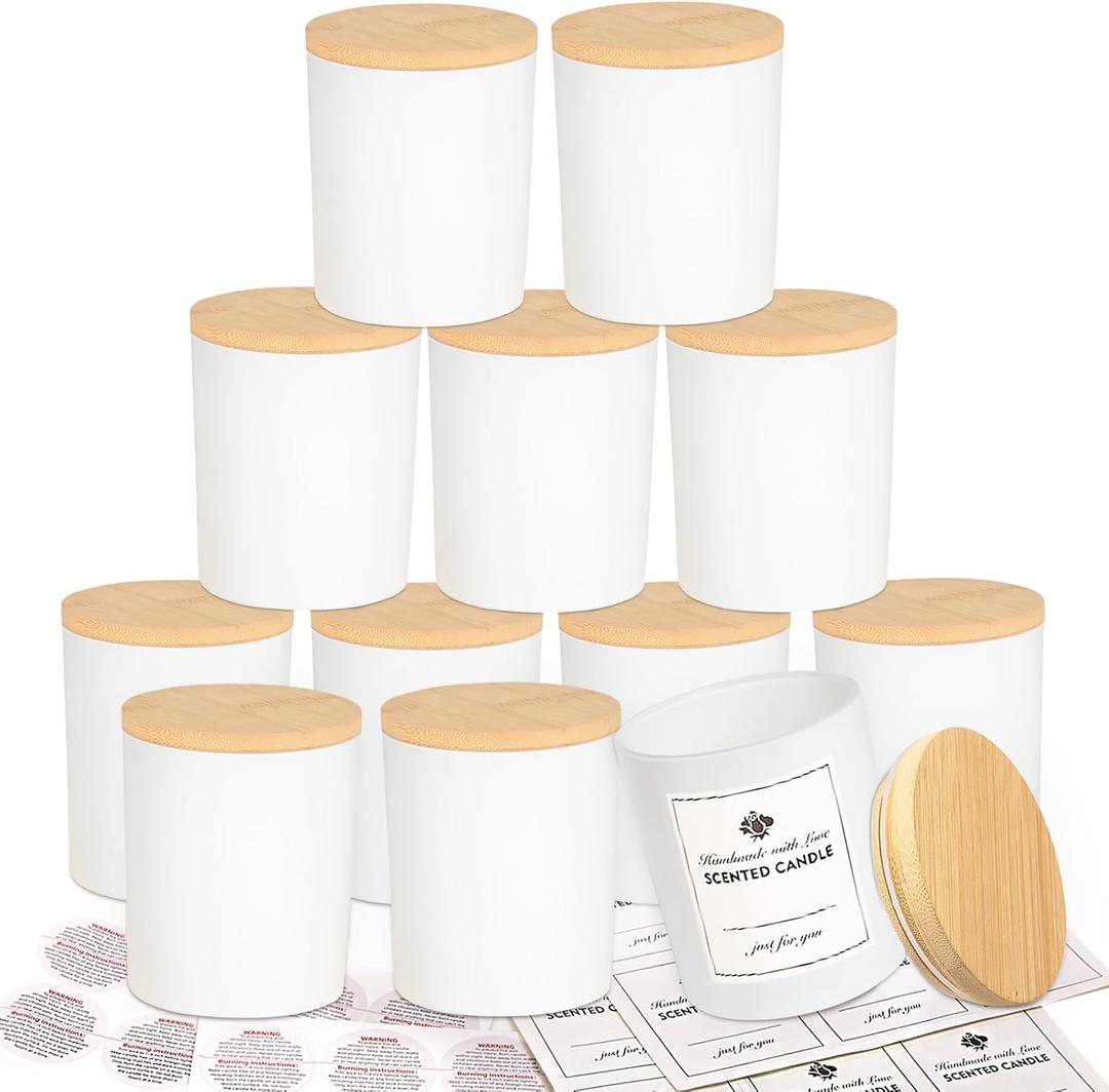 CONNOO 12 Pack 10 OZ White Glass Candle Jars for Making Candles with Airtight Bamboo Lids Nice Sticky Warning Labels for Candle Making Empty Container Bulk - Dishwasher Safe