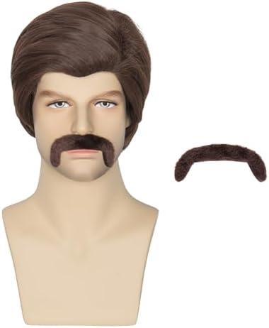 Miss U Hair Men Short Brown Wig with Mustache 70s 80s Costume Party Wig