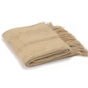 Battilo Home Woven Throw Blanket with Raised Pattern and Fringe Ends, 50" x 60", Tan