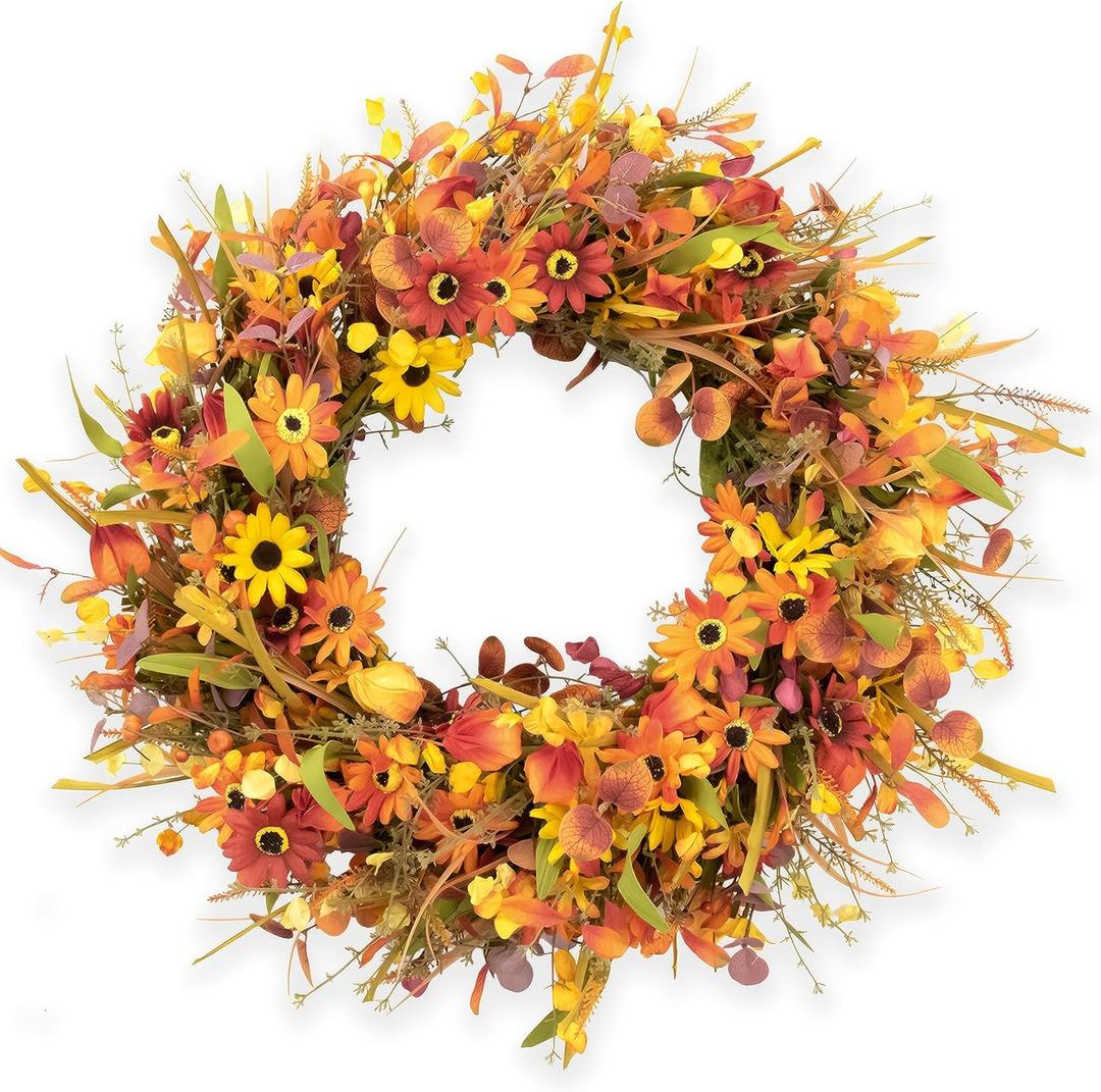 JINGHONG 28 Inch Large Fall Wreaths for Front Door Artificial Fall Wreath Floral Autumn Wreath with Colorful Daisies Fall Foliage for Indoor Outside Door Harvest Festival Thanksgiving Day Celebration
