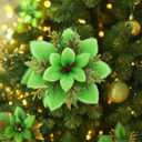 Zeyune 15 Pack Green Poinsettia Flowers Glitter Artificial Christmas Poinsettia Decor 5.5'' Plush Flowers Picks with Clips and Stems DIY for Xmas Tree Wreath Holiday Home Party Decor(Green)
