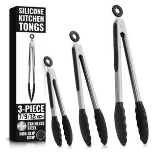 Kitchen Tongs Set of 3-7/9/12" Silicone Tipped Tongs for Cooking with Stainless Steel Build for Heat Resistant Handling, Non Stick & Easy-Lock Storage  Versatile Set for Meat Flipping & Salad Prep