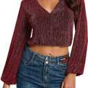 YYA Women's Sparkly Tops for Women Ruffle Sparkly Shiny Turtle Neck Shirts Long Sleeve Slim Fitted Tops S-XXL (Red, L)