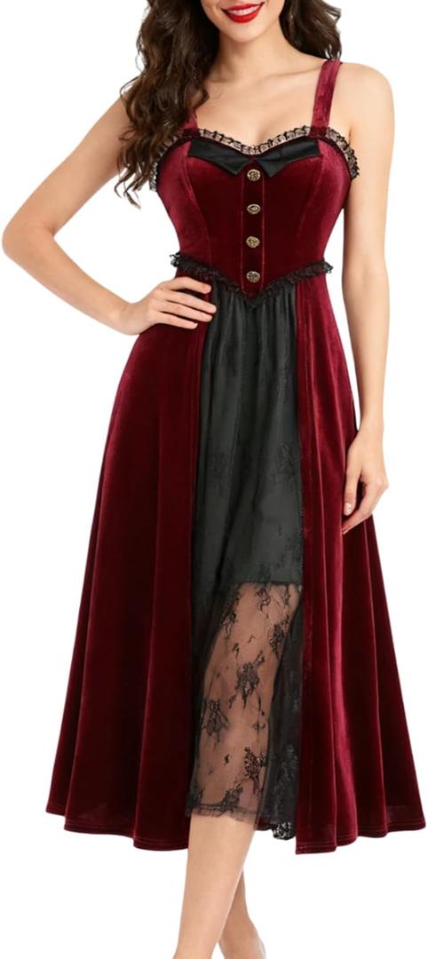 Women Vintage Floral Print Goth Dress Sleeveless Backless Layered Mesh Ruffle Midi Gothic Halloween Dresses (M)