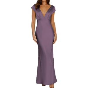 Halfisland Womens Summer Satin V Neck Cap Sleeve Backless Maxi Dress Elegant Twist Cut Out Midi Dresses Wedding Guest (Grape)