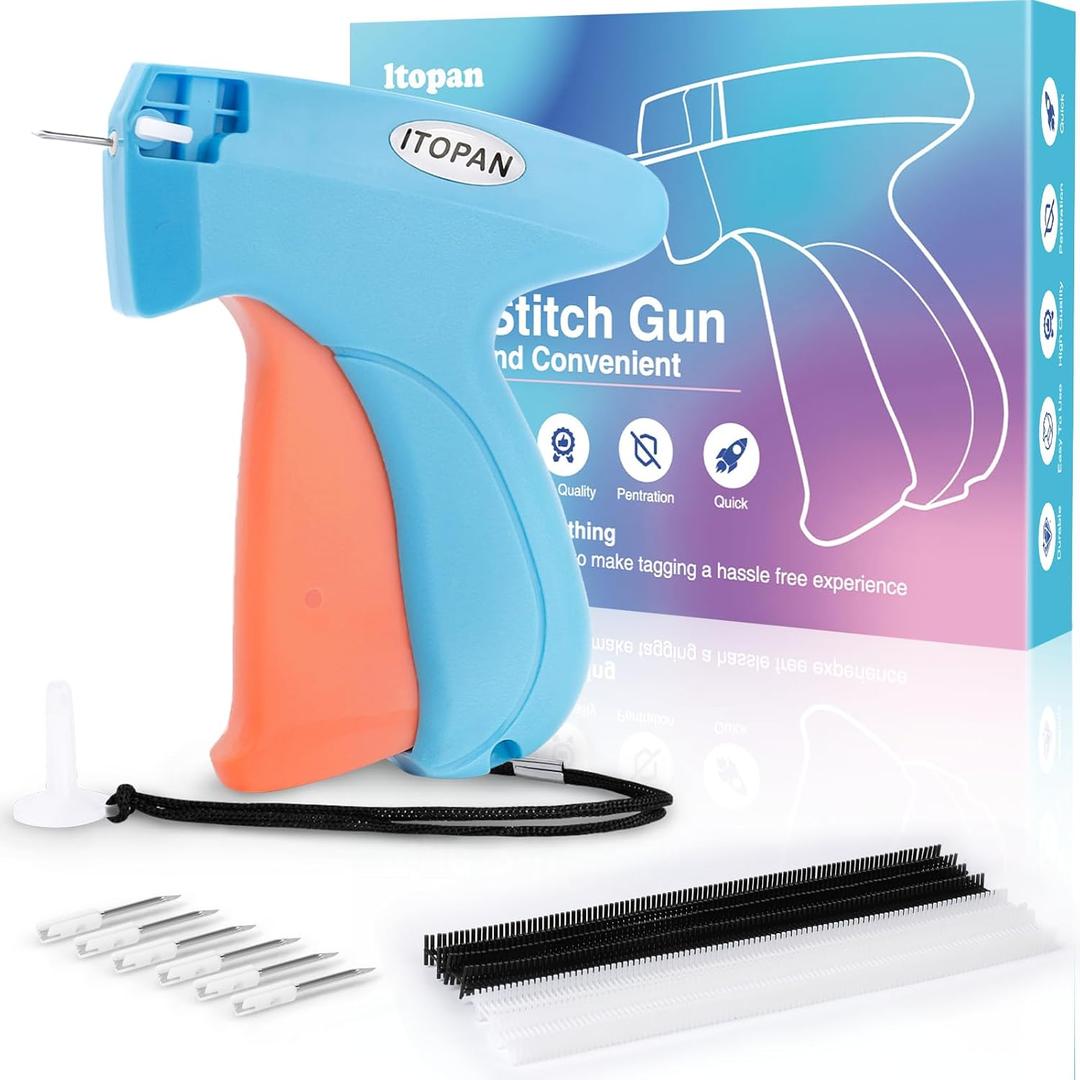 Itopan Stitch Gun for Clothes, Tagging Gun for Clothing Quick Fixes - Price Tag Gun with 6 Fine Needle, 1000 Black Fasteners & 1000 White Fasteners DeepSkyBlue1+Coral