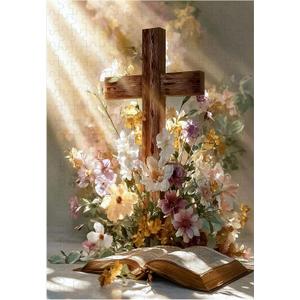 Great Jigsaw Puzzles for Adults 300 Pieces Religious Cross with Daisy Flowers Puzzles for Adults Toys Gift Family Decoration Kids Puzzle (300PCS-15"x10")