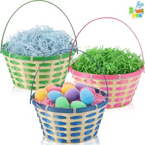 JOYIN 3PCS Easter Bamboo Baskets Empty Toys Gift Woven Goodie Baskets with Handle for Easter Egg Hunt, Kids Party Decor Supplies, Filling with Candy Party Favors,12.8" x 10.6" (Green, Blue, Pink)