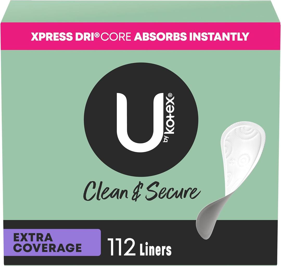 U by Kotex Panty Liners, Clean & Secure, Light Absorbency, Extra Coverage, 112 Count (Packaging May Vary)