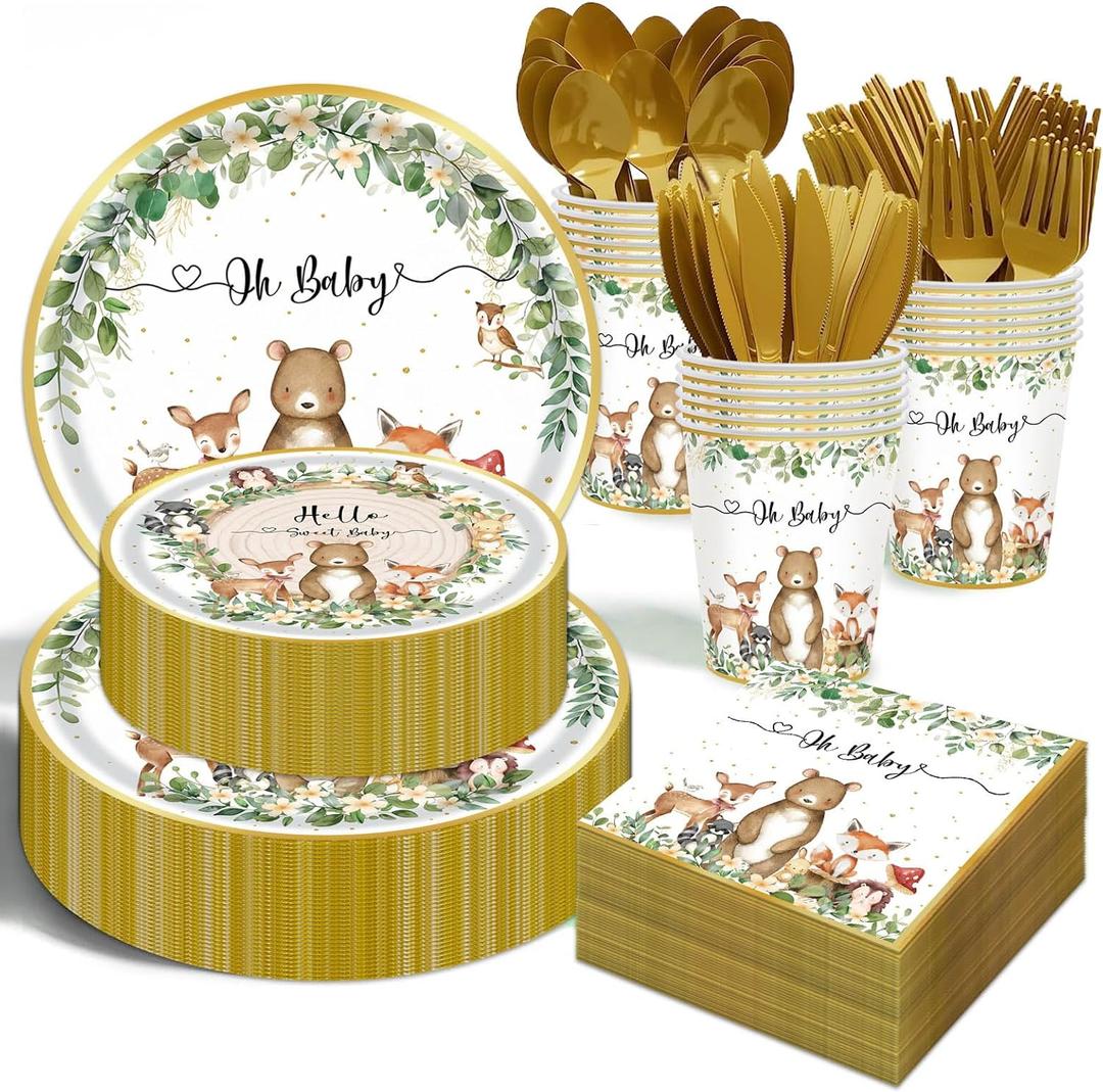 Woodland Baby Shower Party Supplies - 350 Pcs Safari Jungle Animal Wild Animal Party Decorations Nature Sage Plates Napkin Cups Spoons Forks Knives Tableware Set, Serves 50 Guests