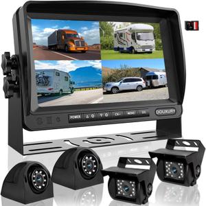 RV Backup Camera System with 7'' Quad Split 1080P Monitor for Truck Trailer Semi Camper Bus & 4 AHD Rear Side View Camera with DVR Record Function IP69 Waterproof Night Vision Avoid Blind Spot DOUXURY