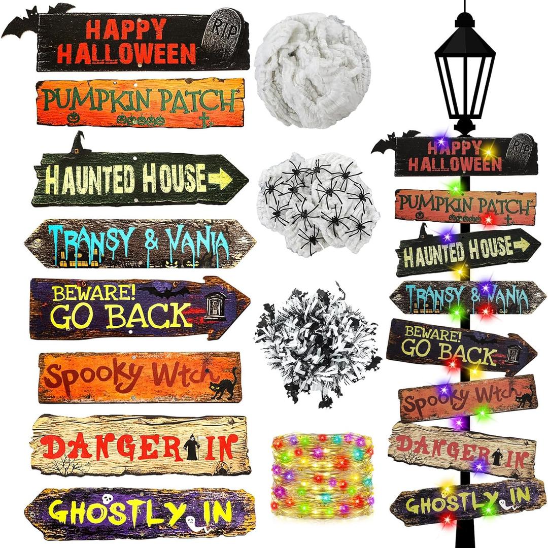 Halloween Lamp Post Light Decorations with 8 Glow in The Dark Scary Yard Wooden Signs 9.8 ft LED Light String 2 Bat Garlands & Faux Spider Web for Outdoor Holiday Post Lamp Yard Decor