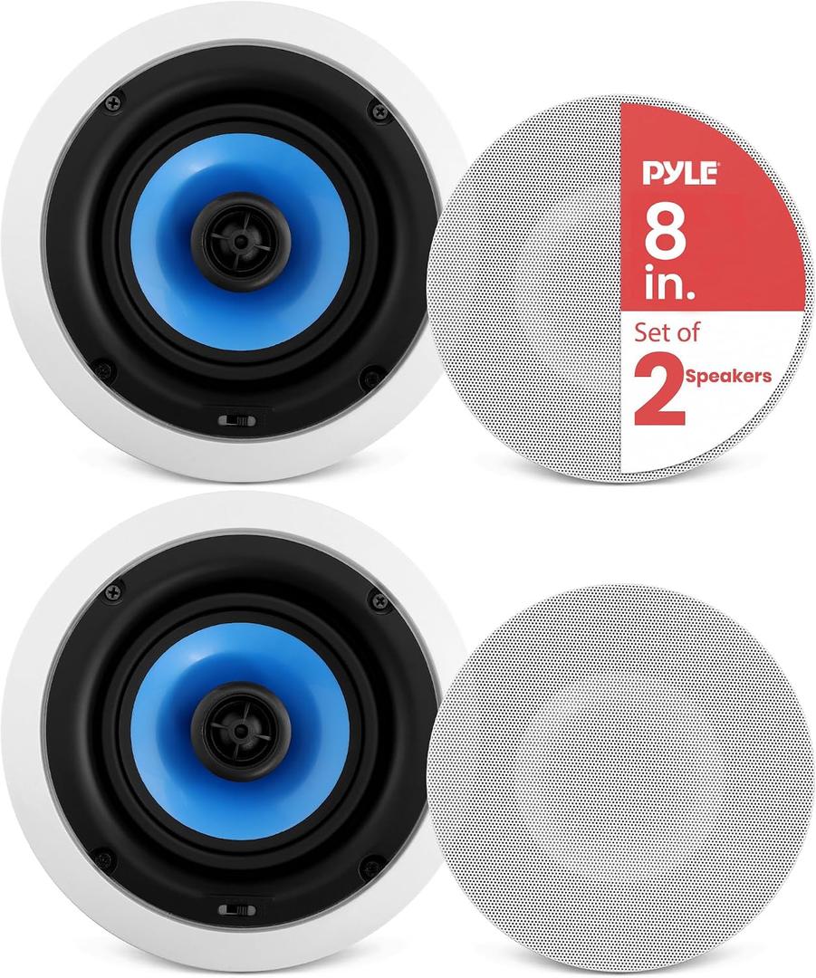 Pyle 8 In-Wall / In-Ceiling Speakers, 250W Peak, Hi-Fi Stereo Sound, Pivoting Adjustable Coaxial Silk Dome Tweeter, Poly Cone Woofer, Stain Resistant Grill, For Home Theater, Custom Installs- Pair