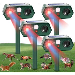 4Pack Solar Ultrasonic Animal Repeller with Red&Blue Light for Gardens, Farms and Courtyards, Outdoor Sonic Fortress Pro Deterrent for Deer, Raccoons, Squirrels, Cats, Rabbits, Skunks, Foxes & More