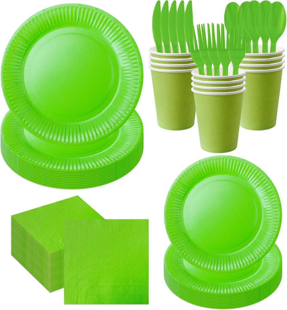210pcs Paper Plates Disposable Tableware Party Supplies -Plastic silverware, paper cups and plates Serves 30 (grass green)