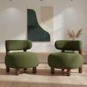 Modern Boucle Accent Chair Set of 2, with Plush Faux Sherpa Upholstery, Curved Backrest, Solid Wood Legs for Living Room Bedroom Reading Nook, 27.5", Green