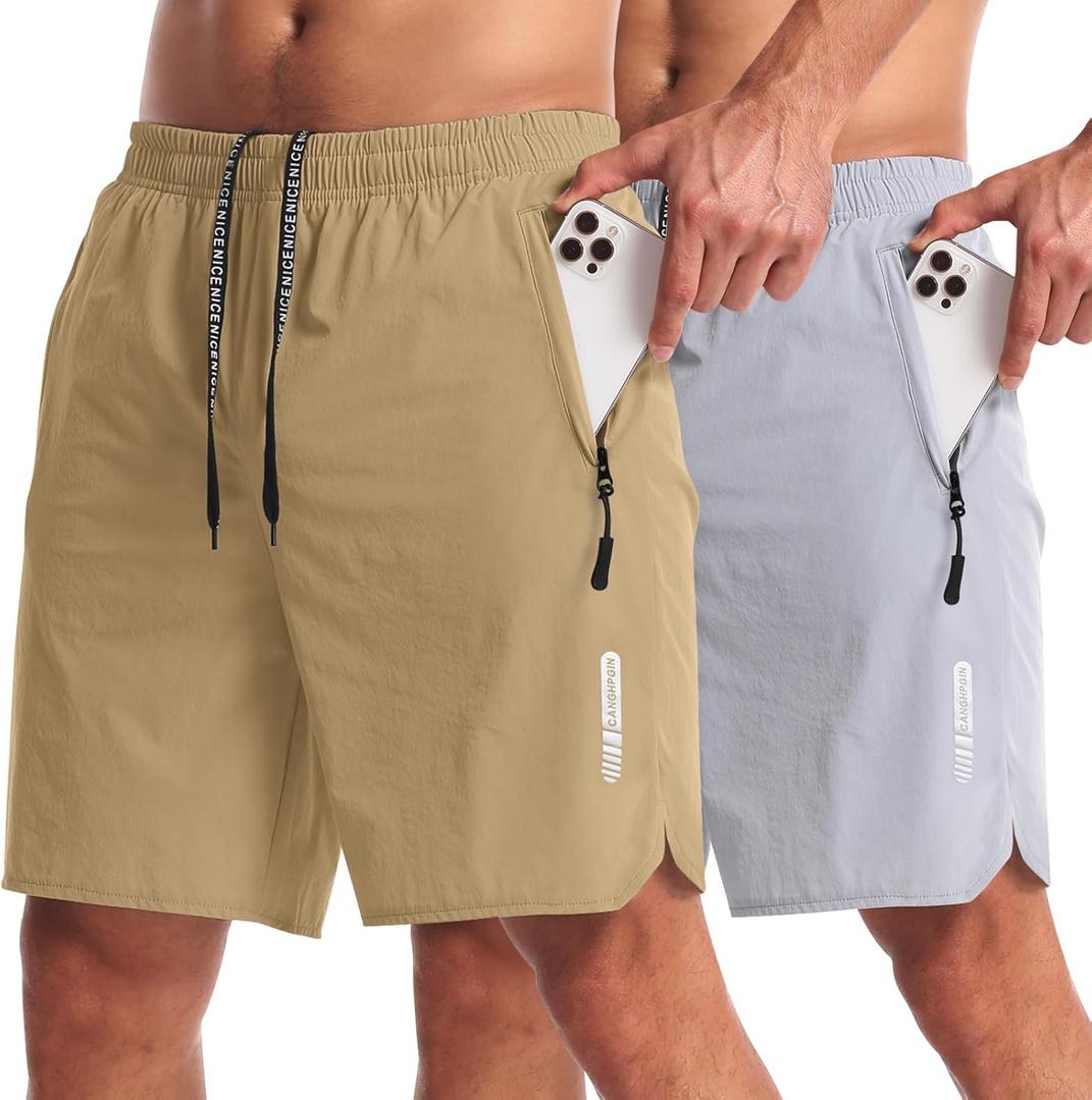 CANGHPGIN 2 Pack Mens Workout Athletic Shorts 7 inch Inseam Quick Dry Hiking Shorts Men Lightweight Sports Gym Shorts Running (Large, Lgrey/Khaki)