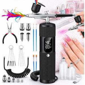 Airbrush Kit for Nails with Compressor, 28/38/48PSI High Pressure, LED Display, 6000mAh Long Standby, Cordless Portable Nail Airbrush Machine with 3 Types Nozzle for Painting, Makeup, Cake & Nail Art