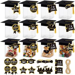 Dunzoom 12 Pcs 2026 Graduation Party Favors Candy Gift Boxes Clear Mini Graduation Cap Jars with Tassel Congrats Grad Cap Box with Cards Rope for College Graduate Party Decor(4.7 3.6 6.4 Inch)